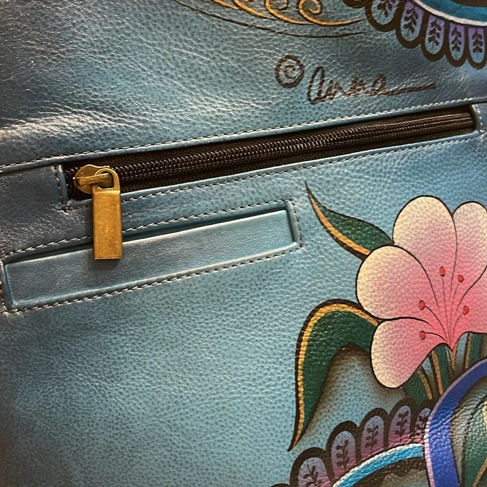 Anna by Anuschka Hand-Painted Blue Leather Hobo Bag - Picture 12 of 12